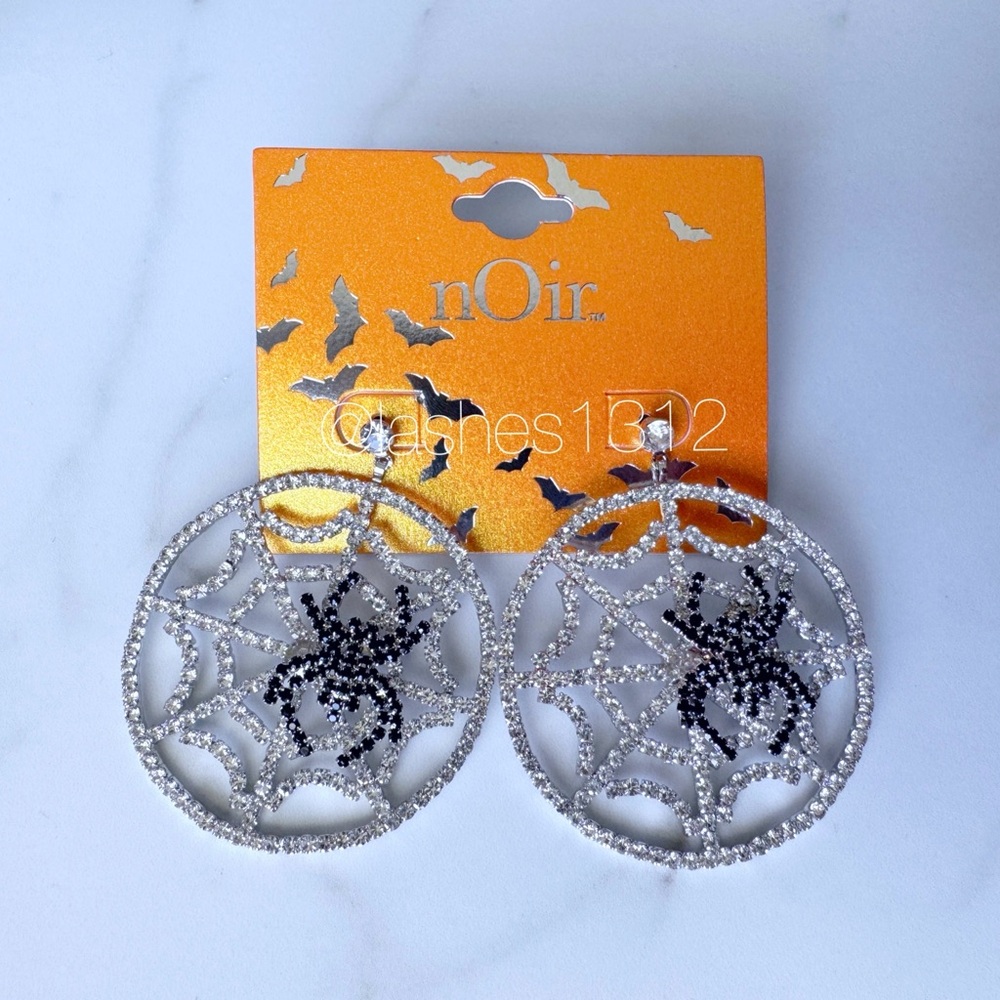 NOIR Halloween Spider Web Hoop Crystal Earrings